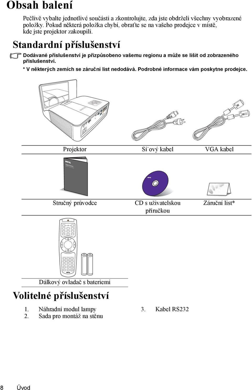 Standardní příslušenství Dodávané příslušenství je přizpůsobeno vašemu regionu a může se lišit od zobrazeného příslušenství.