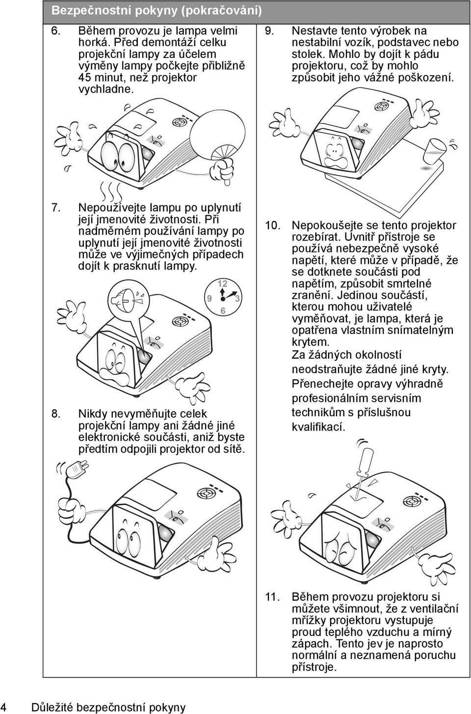 Nepoužívejte lampu po uplynutí její jmenovité životnosti. Při nadměrném používání lampy po uplynutí její jmenovité životnosti může ve výjimečných případech dojít k prasknutí lampy. 8.