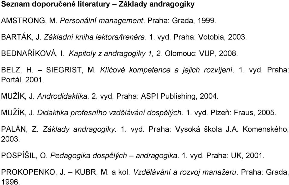 Androdidaktika. 2. vyd. Praha: ASPI Publishing, 2004. MUŽÍK, J. Didaktika profesního vzdělávání dospělých. 1. vyd. Plzeň: Fraus, 2005. PALÁN, Z. Základy andragogiky. 1. vyd. Praha: Vysoká škola J.