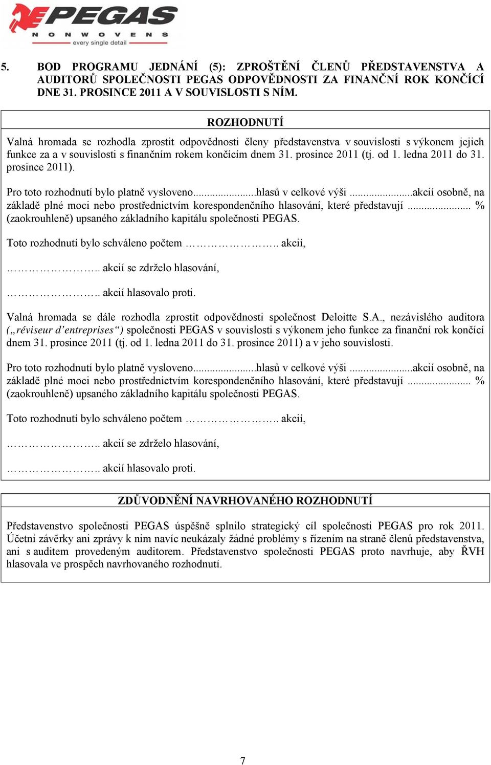 ledna 2011 do 31. prosince 2011). Valná hromada se dále rozhodla zprostit odpovědnosti společnost Deloitte S.A.