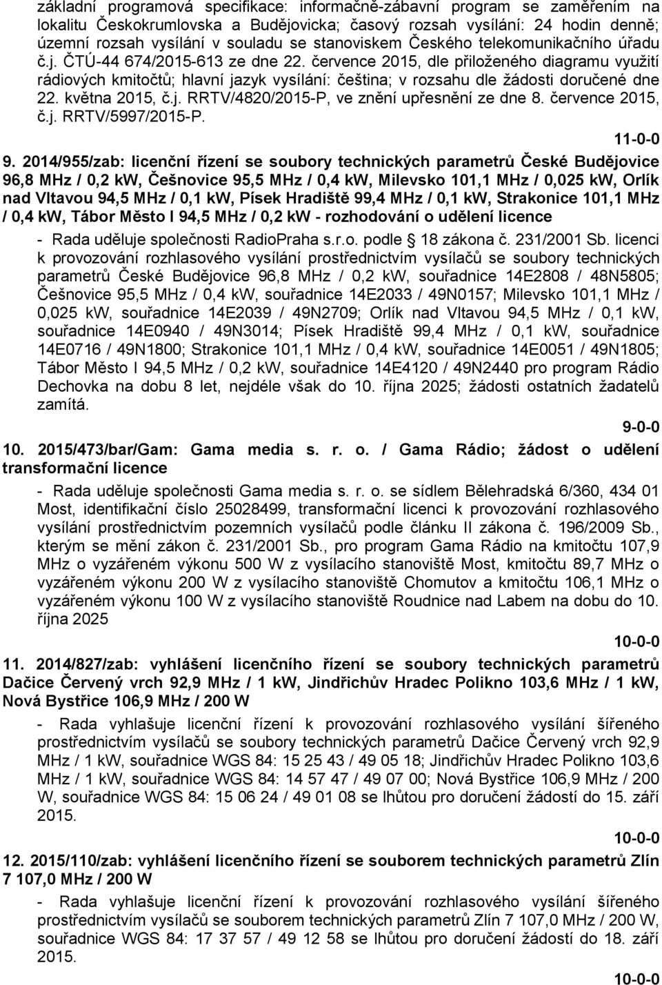 července 2015, dle přiloženého diagramu využití rádiových kmitočtů; hlavní jazyk vysílání: čeština; v rozsahu dle žádosti doručené dne 22. května 2015, č.j. RRTV/4820/2015-P, ve znění upřesnění ze dne 8.