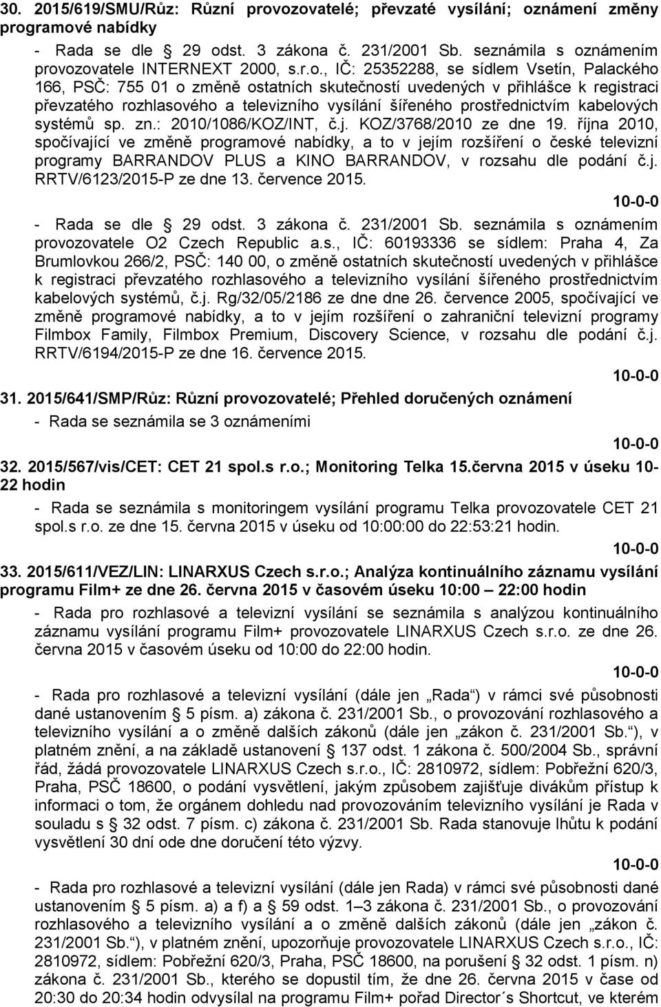 Vsetín, Palackého 166, PSČ: 755 01 o změně ostatních skutečností uvedených v přihlášce k registraci převzatého rozhlasového a televizního vysílání šířeného prostřednictvím kabelových systémů sp. zn.