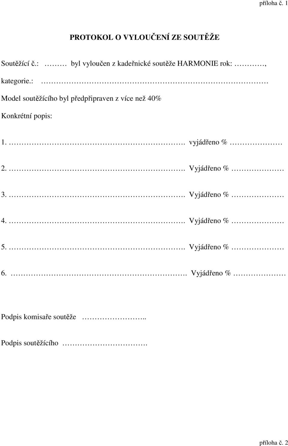 : Model soutěžícího byl předpřipraven z více než 40% Konkrétní popis: 1.