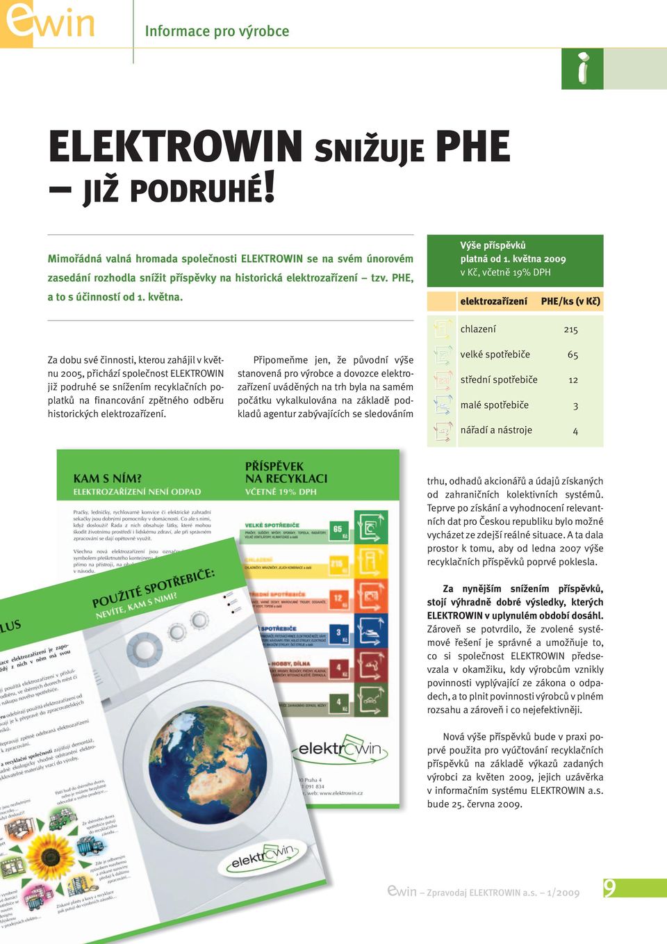 května 2009 v Kč, včetně 19% DPH elektrozařízení PHE/ks (v Kč) Za dobu své činnosti, kterou zahájil v květnu 2005, přichází společnost ELEKTROWIN již podruhé se snížením recyklačních poplatků na