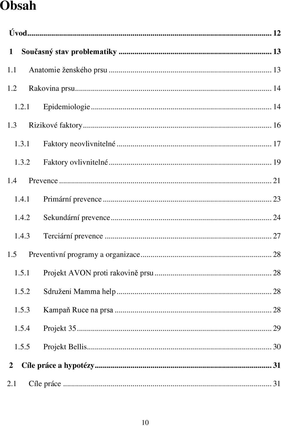 .. 24 1.4.3 Terciární prevence... 27 1.5 Preventivní programy a organizace... 28 1.5.1 Projekt AVON proti rakovině prsu... 28 1.5.2 Sdružení Mamma help.