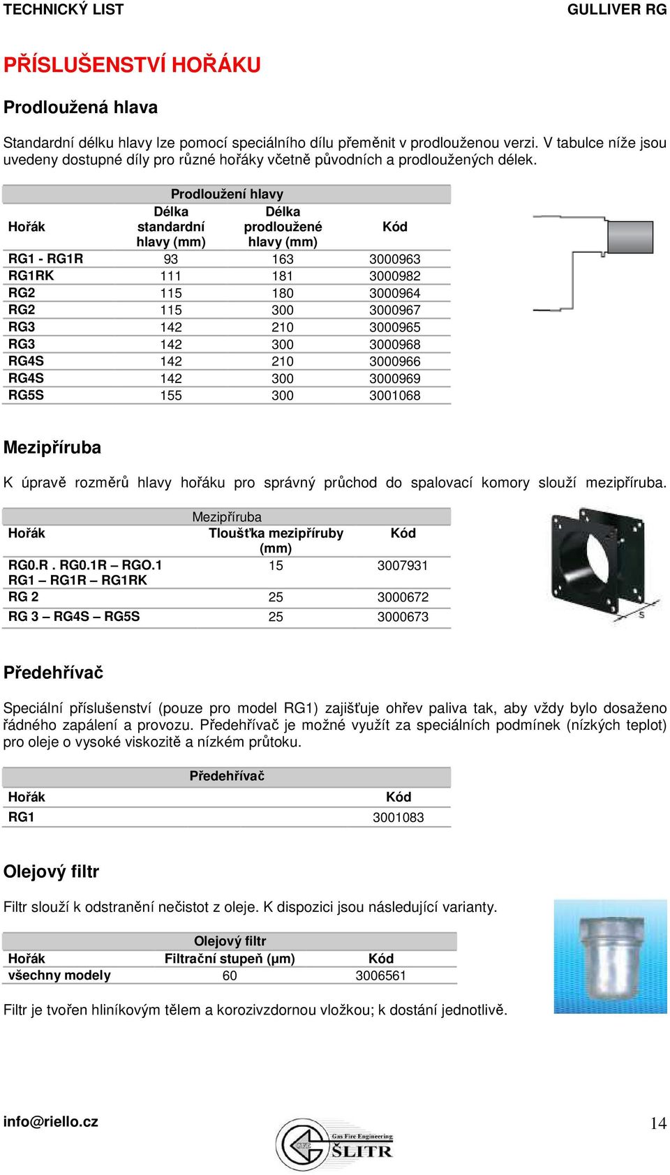 Hořák Prodloužení hlavy Délka standardní hlavy (mm) Délka prodloužené hlavy (mm) Kód RG1 - RG1R 93 163 3000963 RG1RK 111 181 3000982 RG2 115 180 3000964 RG2 115 300 3000967 RG3 142 210 3000965 RG3