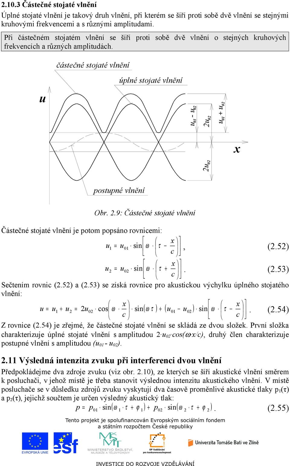 částečné stojaté vlnění u úplné stojaté vlnění u 0 u 0 u 0 - u 0 u 0 + u 0 x postupné vlnění Obr..9: Částečné stojaté vlnění Částečné stojaté vlnění je potom popsáno rovniemi: x u = u0 sin ω τ, (.