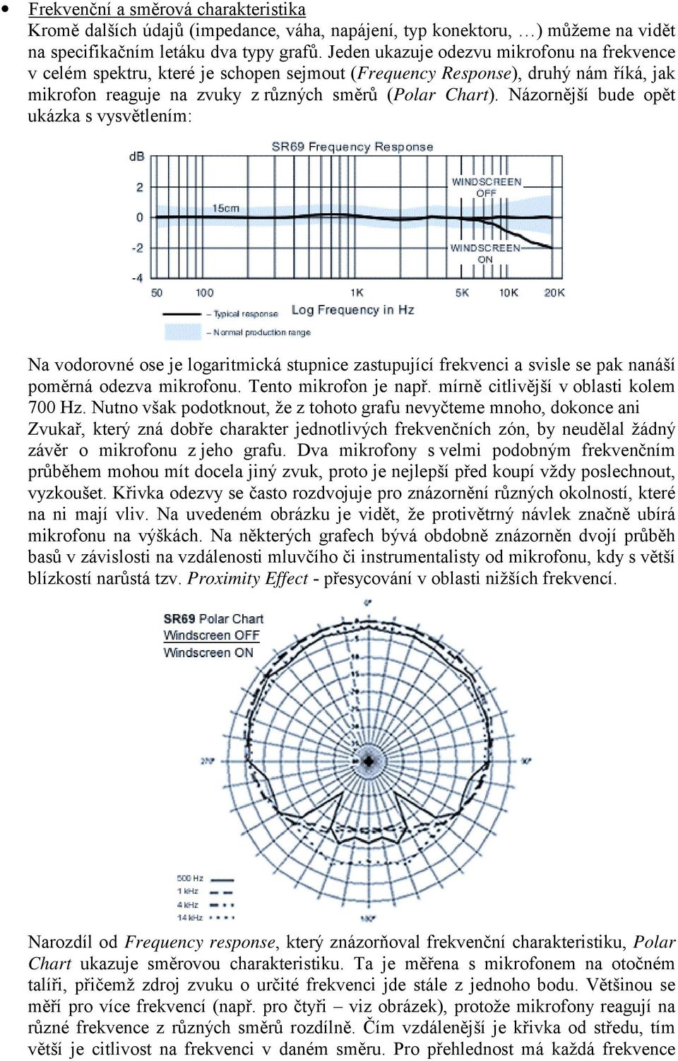 Názornější bude opět ukázka s vysvětlením: Na vodorovné ose je logaritmická stupnice zastupující frekvenci a svisle se pak nanáší poměrná odezva mikrofonu. Tento mikrofon je např.