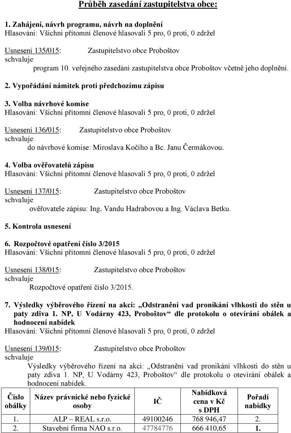 Volba návrhové komise Usnesení 136/015: Zastupitelstvo obce Proboštov do návrhové komise: Miroslava Kočího a Bc. Janu Čermákovou. 4.