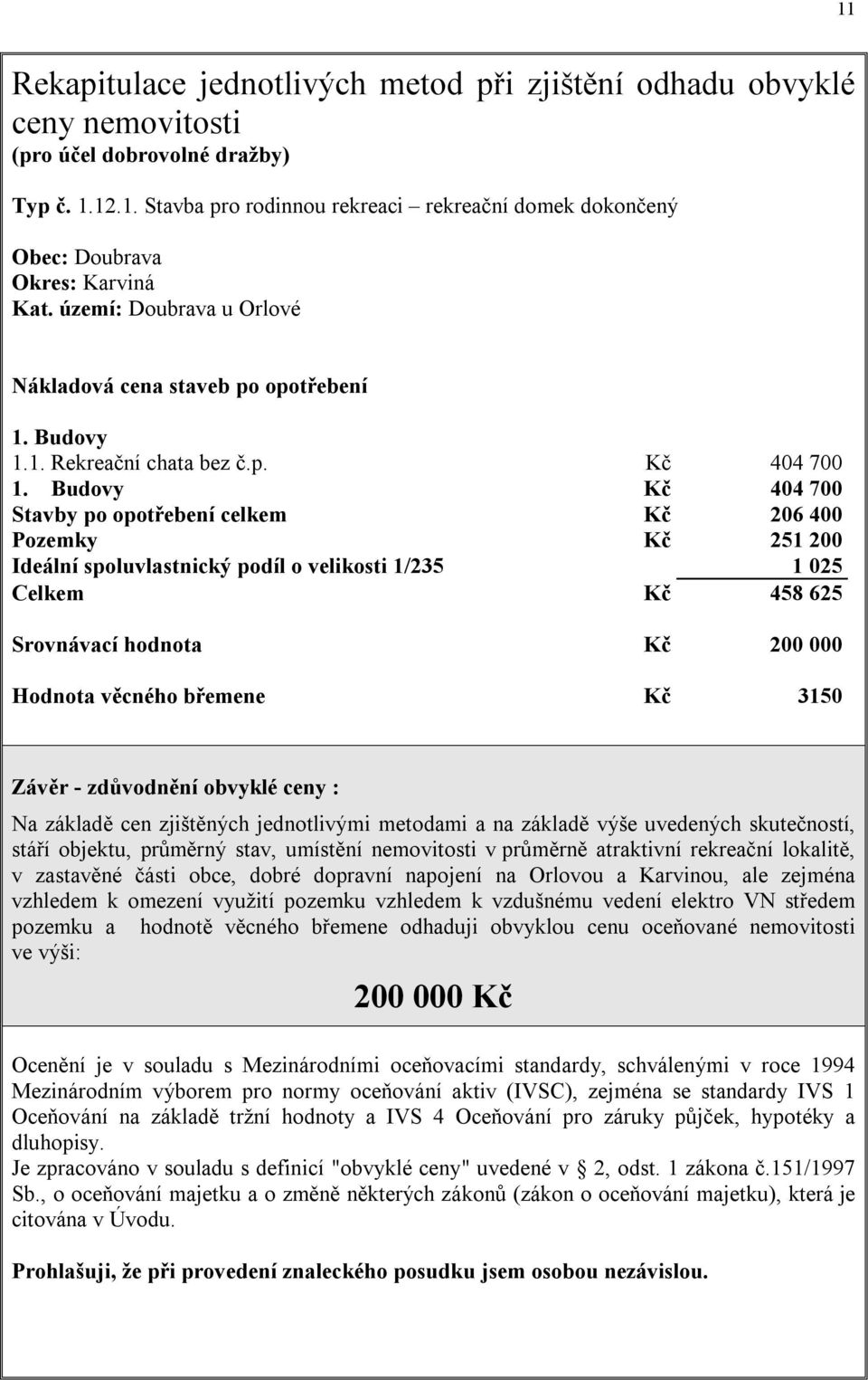 Budovy Kč 404 700 Stavby po opotřebení celkem Kč 206 400 Pozemky Kč 251 200 Ideální spoluvlastnický podíl o velikosti 1/235 1 025 Celkem Kč 458 625 Srovnávací hodnota Kč 200 000 Hodnota věcného