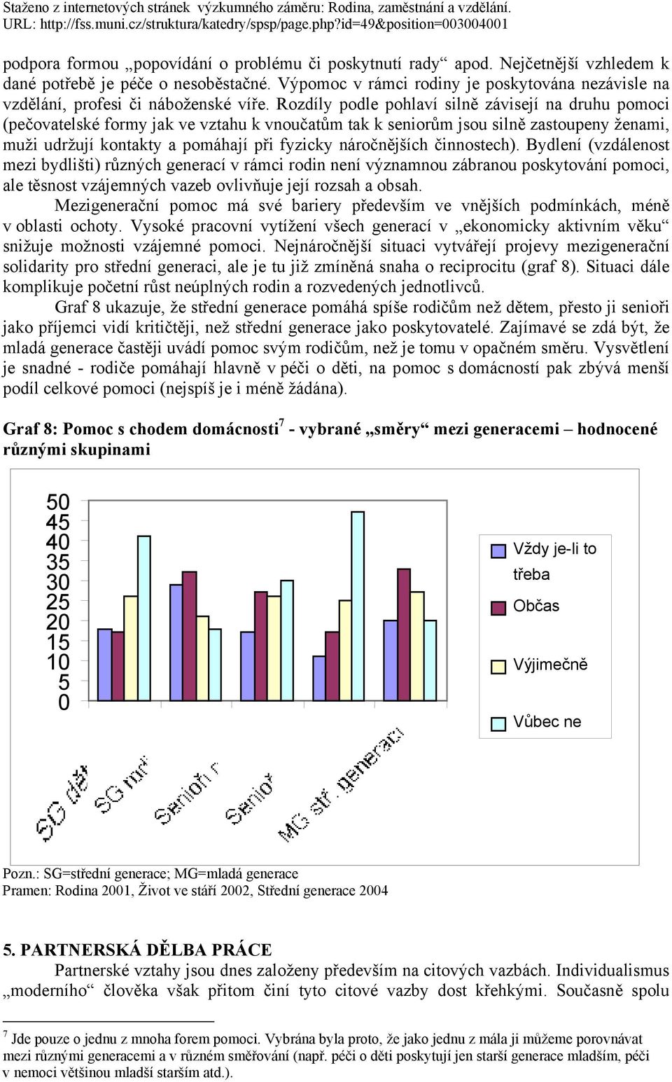 Rozdíly podle pohlaví silně závisejí na druhu pomoci (pečovatelské formy jak ve vztahu k vnoučatům tak k seniorům jsou silně zastoupeny ženami, muži udržují kontakty a pomáhají při fyzicky