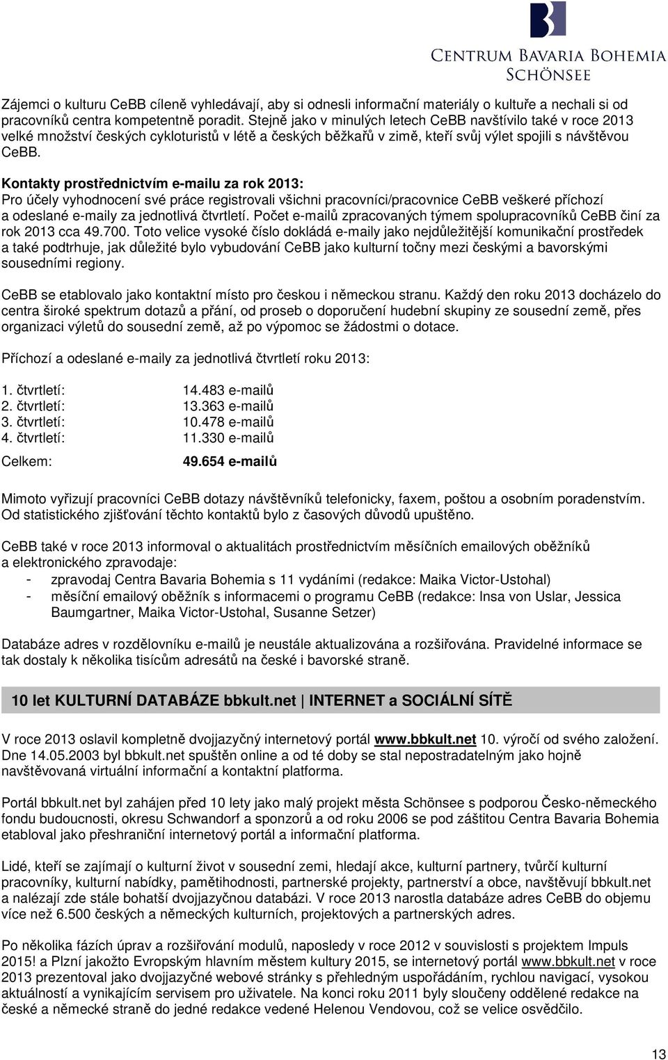 Kontakty prostřednictvím e-mailu za rok 2013: Pro účely vyhodnocení své práce registrovali všichni pracovníci/pracovnice CeBB veškeré příchozí a odeslané e-maily za jednotlivá čtvrtletí.