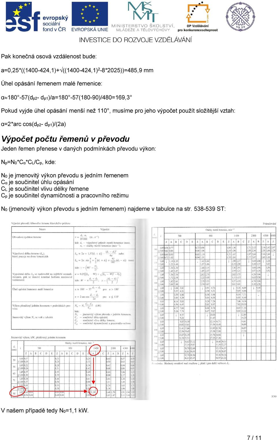 v převodu Jeden řemen přenese v daných podmínkách převodu výkon: Np=N0*Cα*CL/Cp, kde: N0 je jmenovitý výkon převodu s jedním řemenem Cα je součinitel úhlu opásání CL je