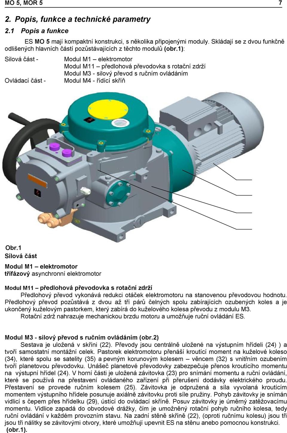 1): Silová část - Ovládací část - Modul M1 elektromotor Modul M11 předlohová převodovka s rotační zdrží Modul M3 - silový převod s ručním ovládáním Modul M4 - řídící skříň M1 M11 M3 M4 Obr.