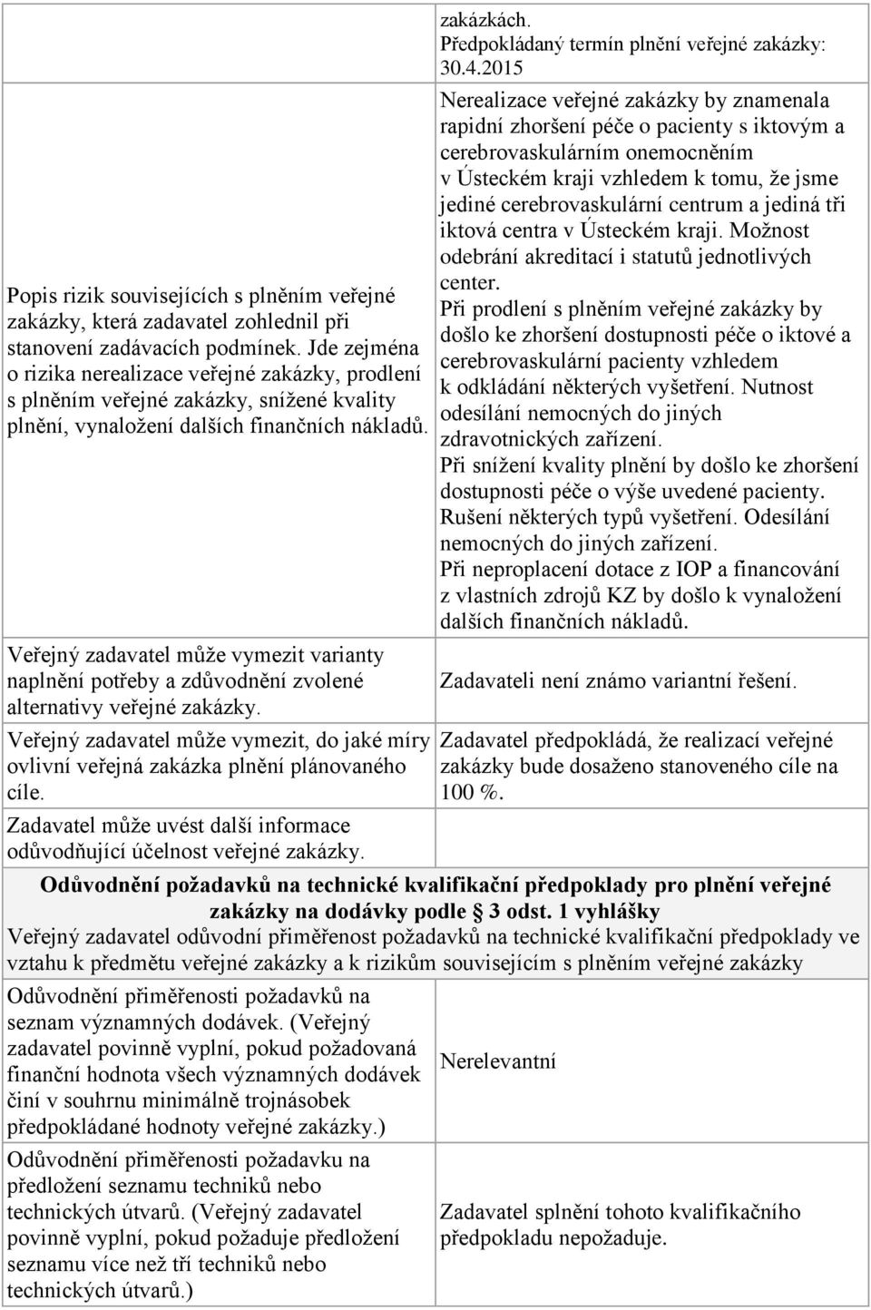 Veřejný zadavatel může vymezit varianty naplnění potřeby a zdůvodnění zvolené alternativy veřejné zakázky. Veřejný zadavatel může vymezit, do jaké míry ovlivní veřejná zakázka plnění plánovaného cíle.