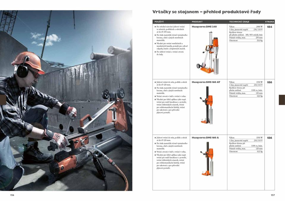 Pro úhlové vrtání a vrtání otvorů do řady. Husqvarna DMS 240 Výkon 2400 W 1 fáze, jmenovité napětí 230 / 110 V Rychlost vřetene při plném zatížení 185 / 455 otáček /min Průměr vrtáku, max.