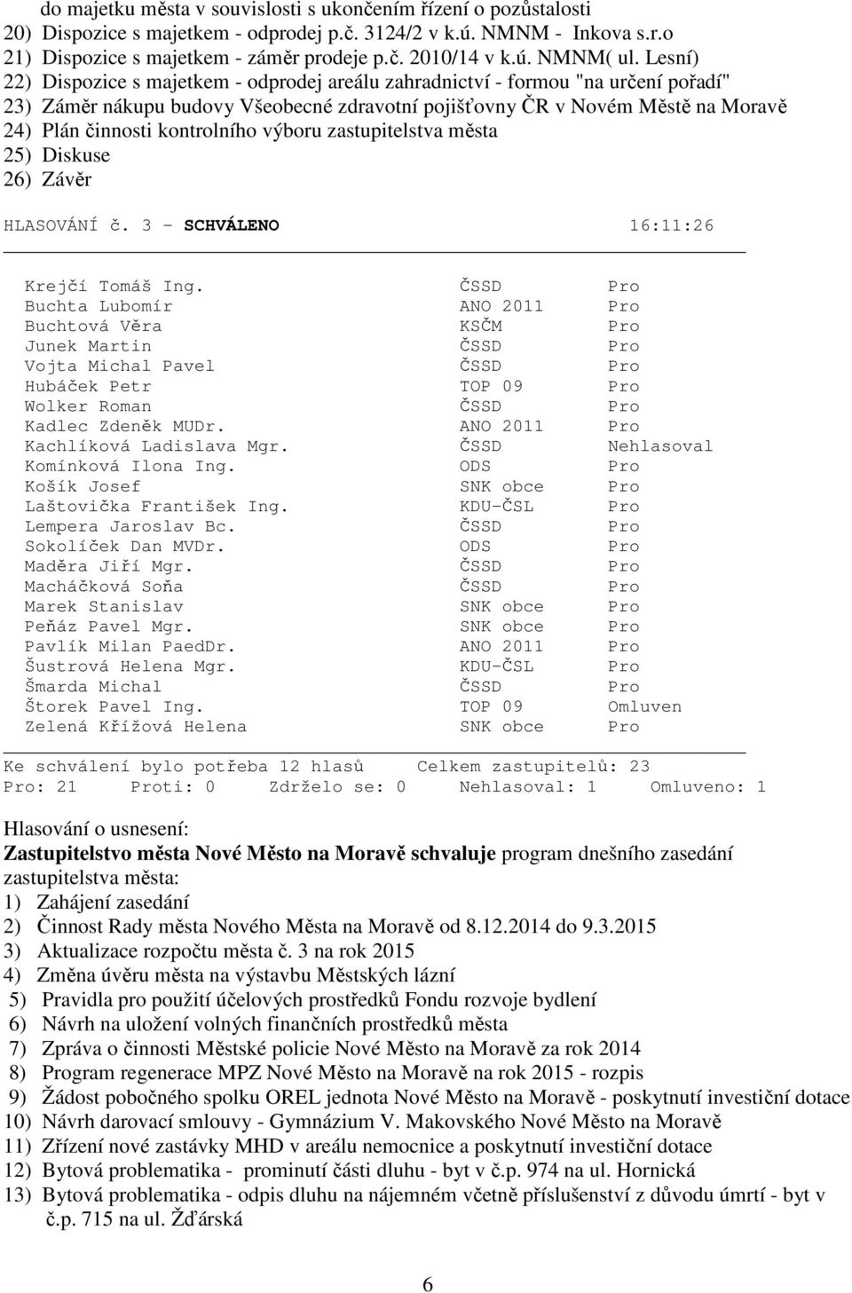 kontrolního výboru zastupitelstva města 25) Diskuse 26) Závěr HLASOVÁNÍ č. 3 - SCHVÁLENO 16:11:26 Kachlíková Ladislava Mgr.