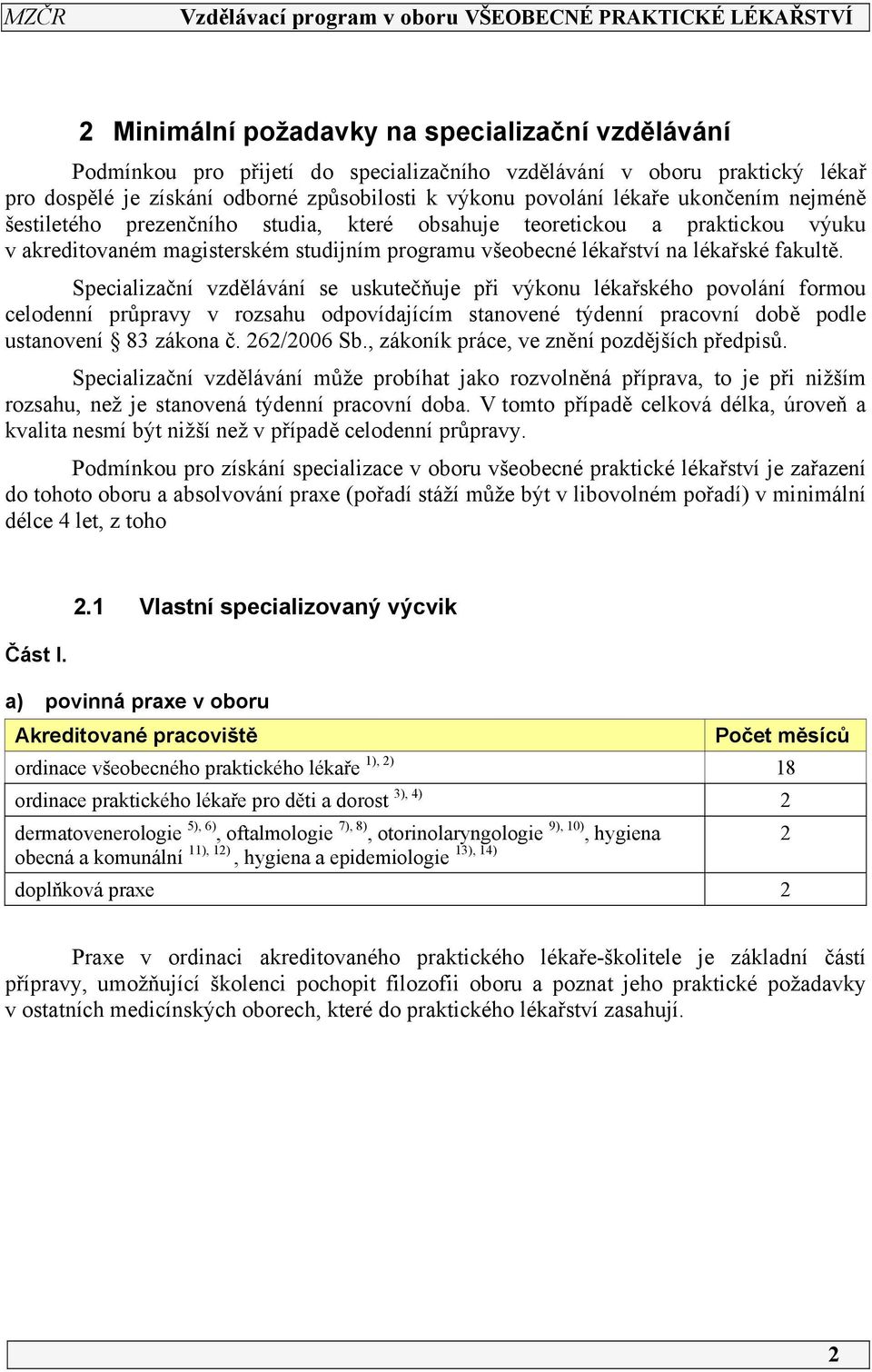 Specializační vzdělávání se uskutečňuje při výkonu lékařského povolání formou celodenní průpravy v rozsahu odpovídajícím stanovené týdenní pracovní době podle ustanovení 83 zákona č. 262/2006 Sb.