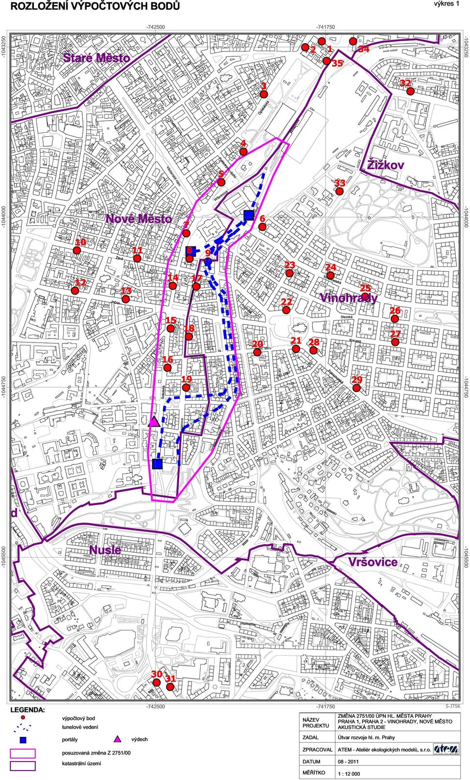 Míru 23 24 25 22 Vinohrady 28 33 Vinohradská Francouzská Slezská Korunní 29 Žižkov 26 27-1044000 -1044750 ad -1045500 Nusle Vršovice -1045500 LEGENDA: %U výpoètový bod tunelové vedení portály $T