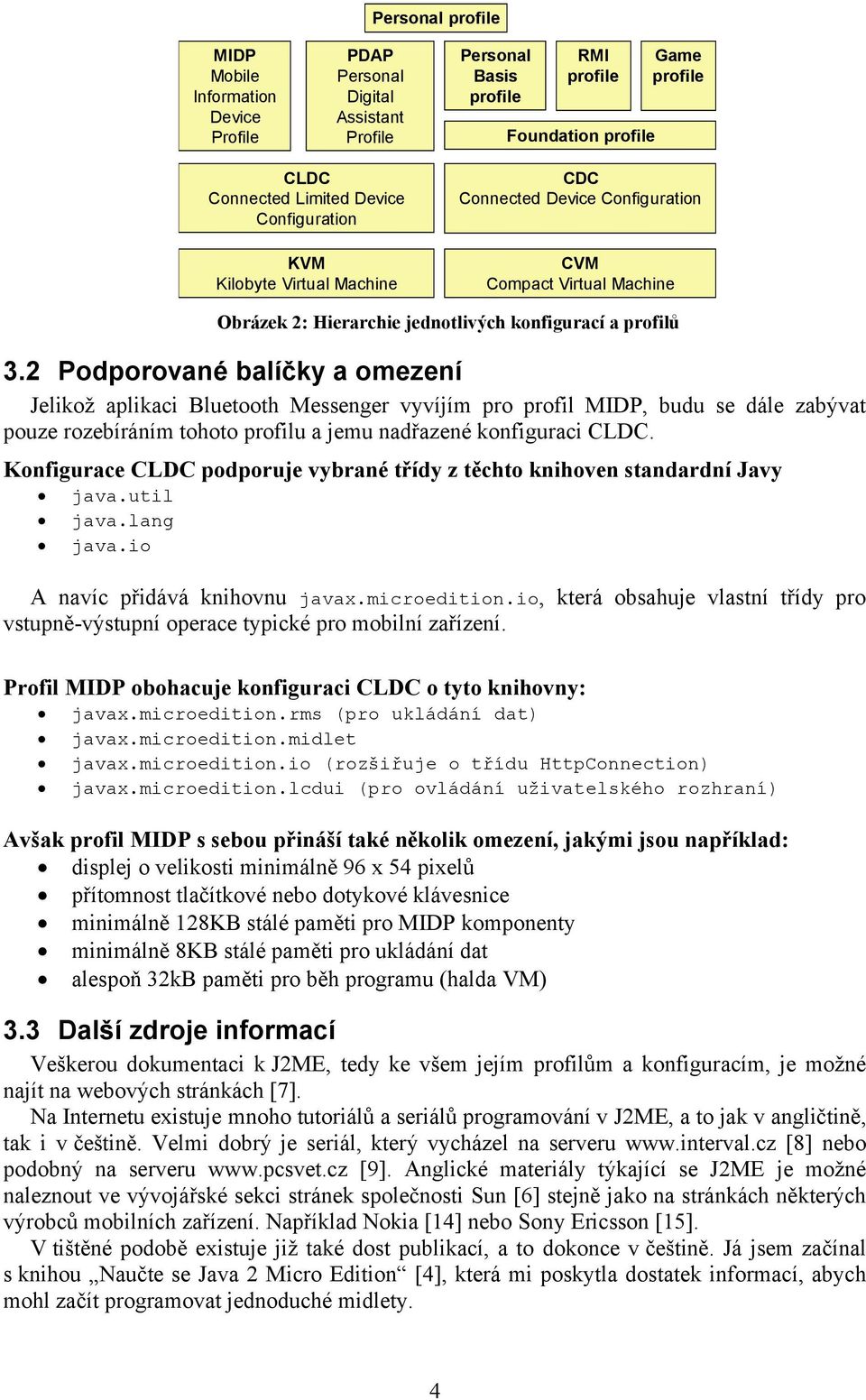 2 Podporované balíčky a omezení Jelikož aplikaci Bluetooth Messenger vyvíjím pro profil MIDP, budu se dále zabývat pouze rozebíráním tohoto profilu a jemu nadřazené konfiguraci CLDC.