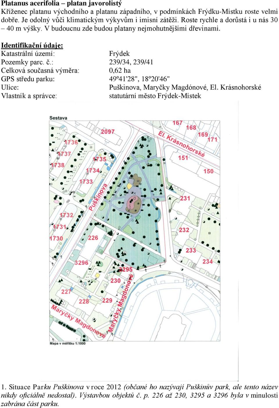 : 239/34, 239/41 Celková současná výměra: 0,62 ha GPS středu parku: 49º41'28", 18º20'46" Ulice: Puškinova, Maryčky Magdónové, El.