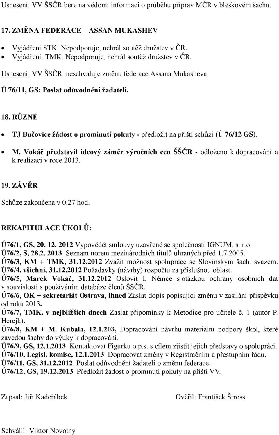 RŮZNÉ TJ Bučovice žádost o prominutí pokuty - předložit na příští schůzi (Ú 76/12 GS). M. Vokáč představil ideový záměr výročních cen ŠŠČR - odloženo k dopracování a k realizaci v roce 2013. 19.