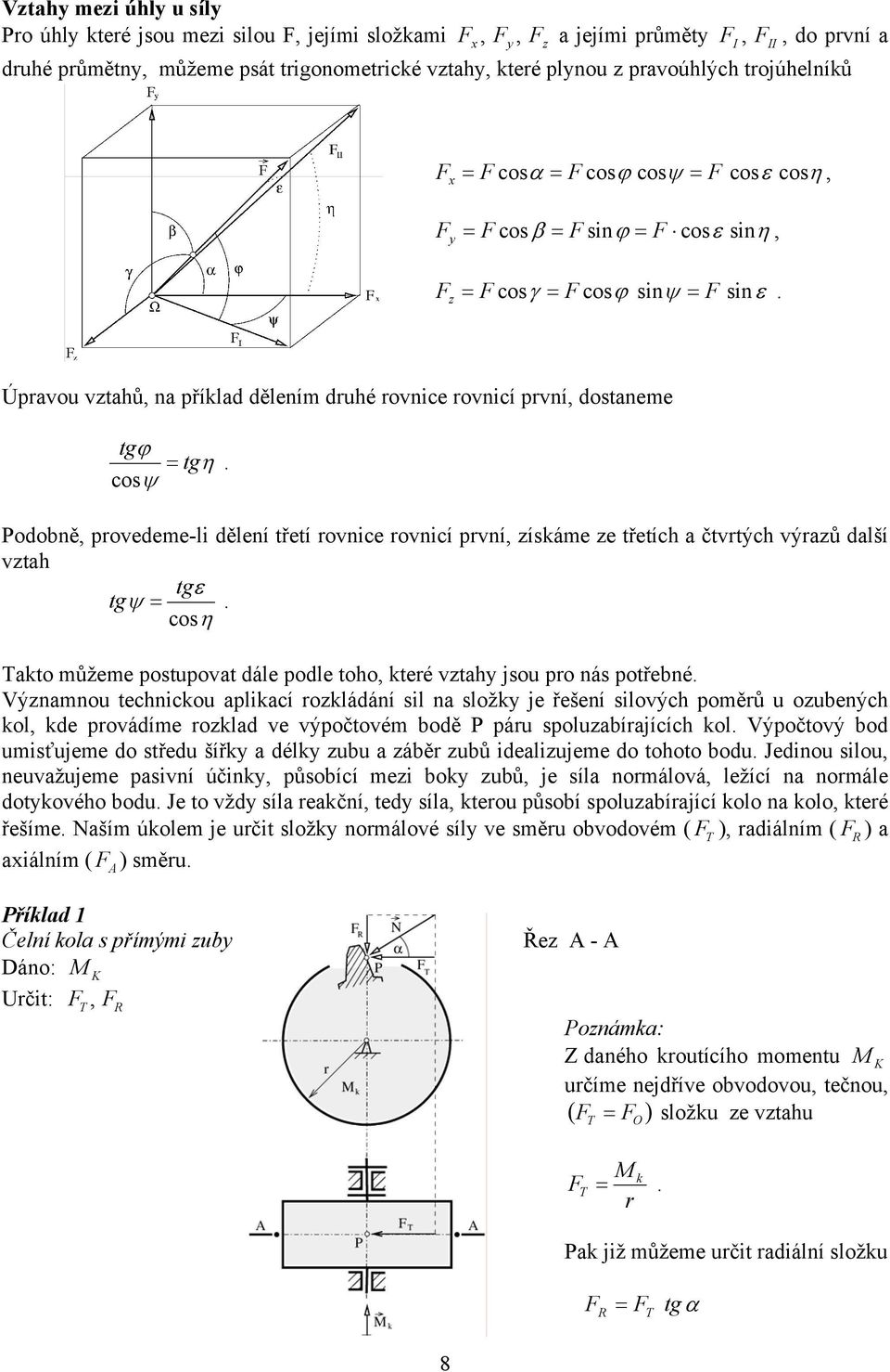 další vztah tgε tg ψ cos η Takto můžeme postupovat dále podle toho kteé vztah jsou po nás potřebné Významnou technckou aplkací ozkládání sl na složk je řešení slových poměů u ozubených kol kde