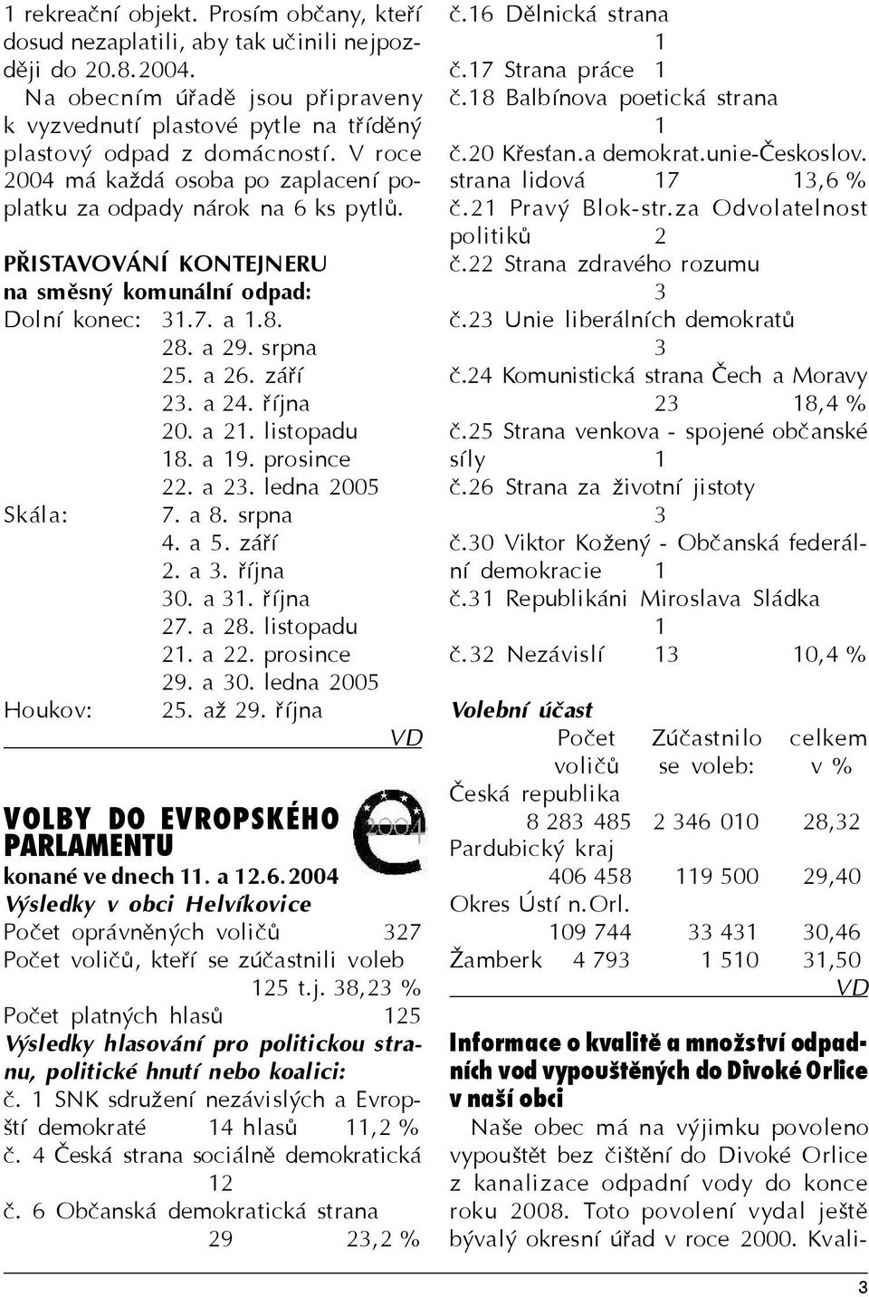 PØISTAVOVÁNÍ KONTEJNERU na smìsný komunální odpad: Dolní konec: 31.7. a 1.8. 28. a 29. srpna 25. a 26. záøí 23. a 24. øíjna 20. a 21. listopadu 18. a 19. prosince 22. a 23. ledna 2005 Skála: 7. a 8.