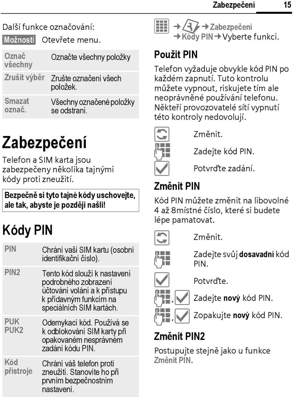 PIN PIN2 PUK PUK2 Kód přístroje Chrání vaši SIM kartu (osobní identifikační číslo).