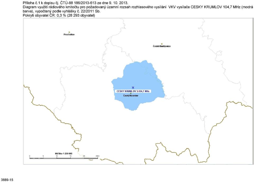 rozhlasového vysílání VKV vysílače ČESKY KRUMLOV 104,7 MHz (modrá barva),