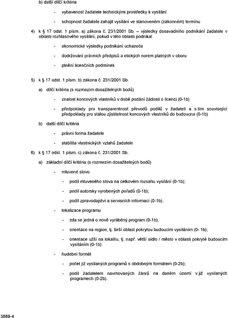 v oboru plnění licenčních podmínek k 17 odst. 1 písm. b) zákona č. 231/2001 Sb.