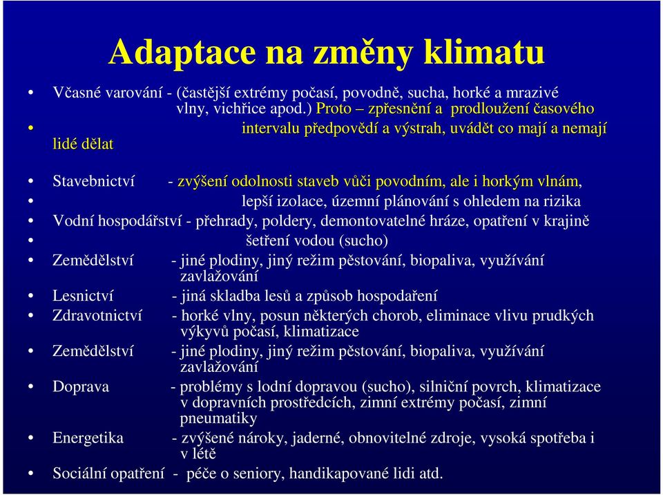 horkým vlnám, lepší izolace, územní plánování s ohledem na rizika Vodní hospodářství - přehrady, poldery, demontovatelné hráze, opatření v krajině šetření vodou (sucho) Zemědělství - jiné plodiny,