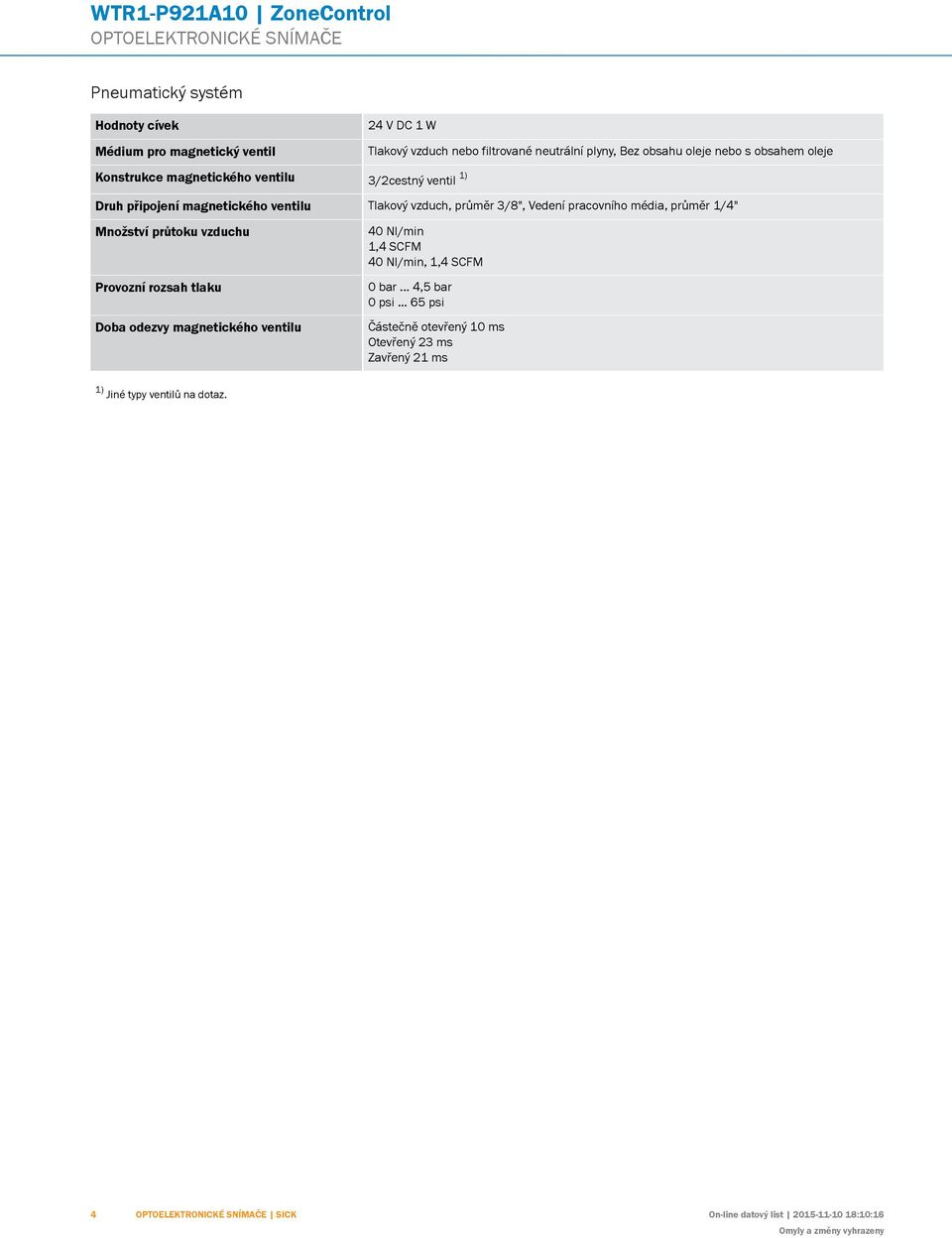 1/4" Množství průtoku vzduchu Provozní rozsah tlaku Doba odezvy magnetického ventilu 1) Jiné typy ventilů na dotaz. 40 Nl/min 1,4 SCFM 40 Nl/min, 1,4 SCFM 0 bar.