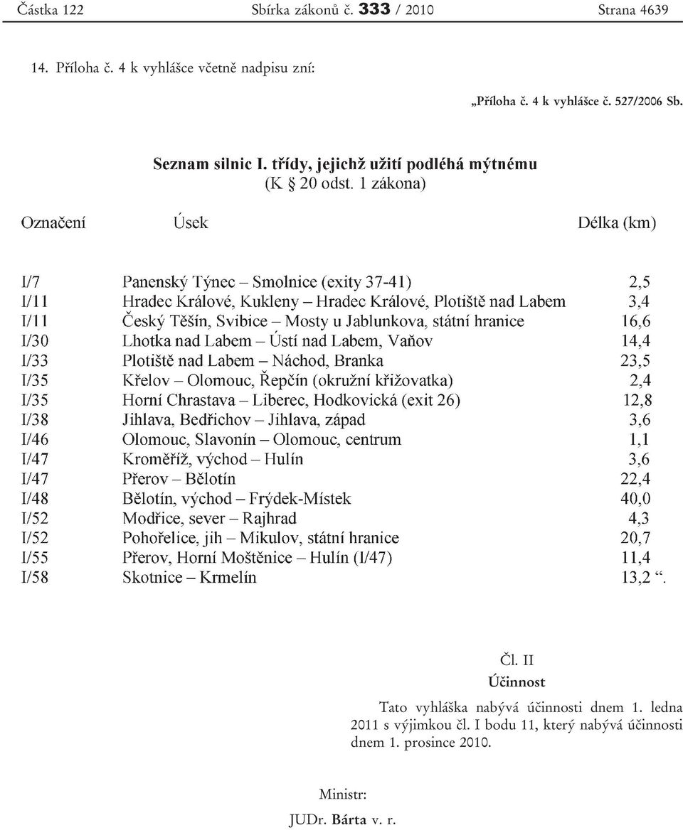 II Účinnost Tato vyhláška nabývá účinnosti dnem 1. ledna 2011 s výjimkou čl.