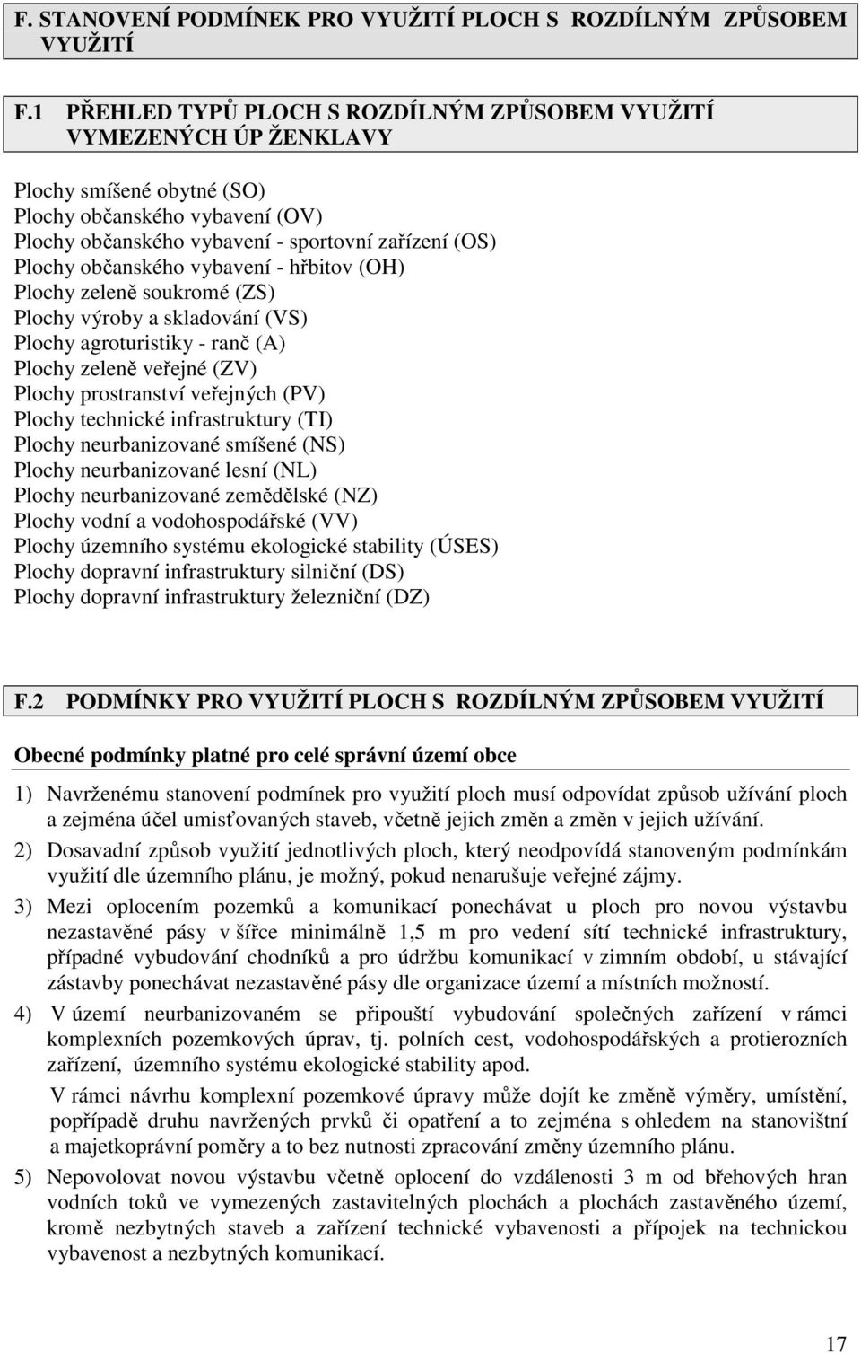 občanského vybavení - hřbitov (OH) Plochy zeleně soukromé (ZS) Plochy výroby a skladování (VS) Plochy agroturistiky - ranč (A) Plochy zeleně veřejné (ZV) Plochy prostranství veřejných (PV) Plochy