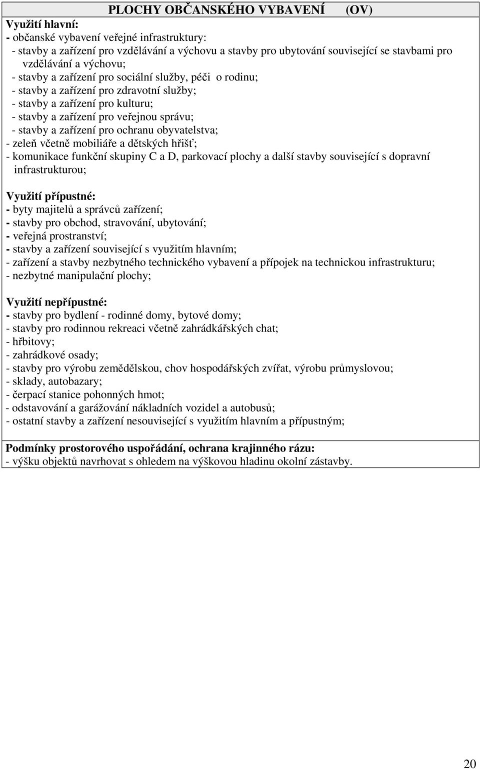 zařízení pro ochranu obyvatelstva; - zeleň včetně mobiliáře a dětských hřišť; - komunikace funkční skupiny C a D, parkovací plochy a další stavby související s dopravní infrastrukturou; Využití