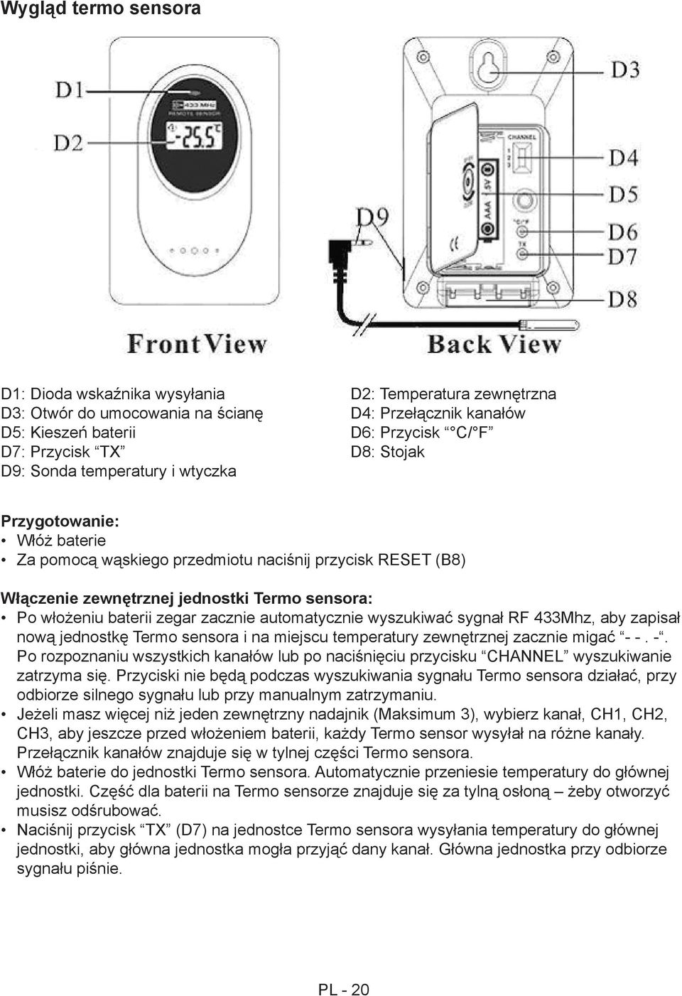 zacznie automatycznie wyszukiwać sygnał RF 433Mhz, aby zapisał nową jednostkę Termo sensora i na miejscu temperatury zewnętrznej zacznie migać - 