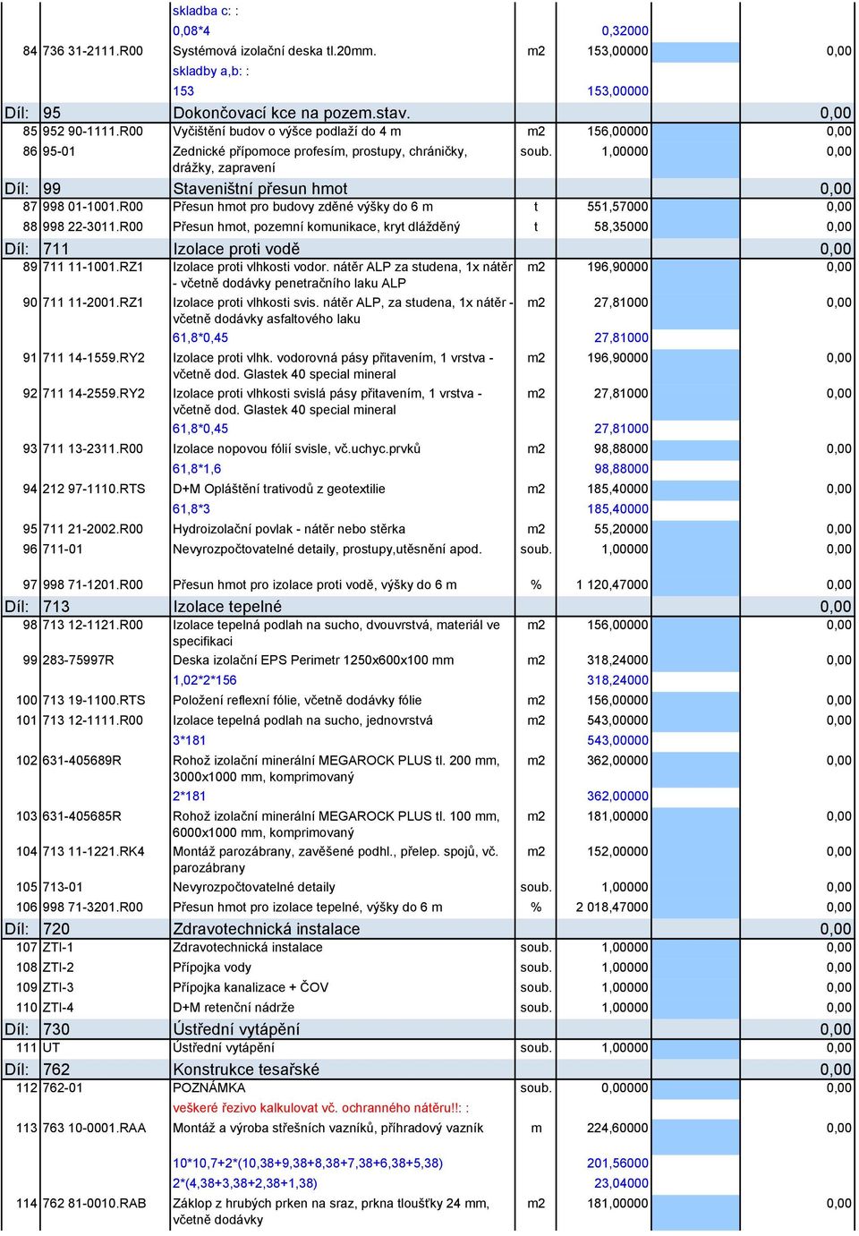 R00 Přesun hmot pro budovy zděné výšky do 6 m t 551,57000 88 998 22-3011.R00 Přesun hmot, pozemní komunikace, kryt dlážděný t 58,35000 Díl: 711 Izolace proti vodě 89 711 11-1001.