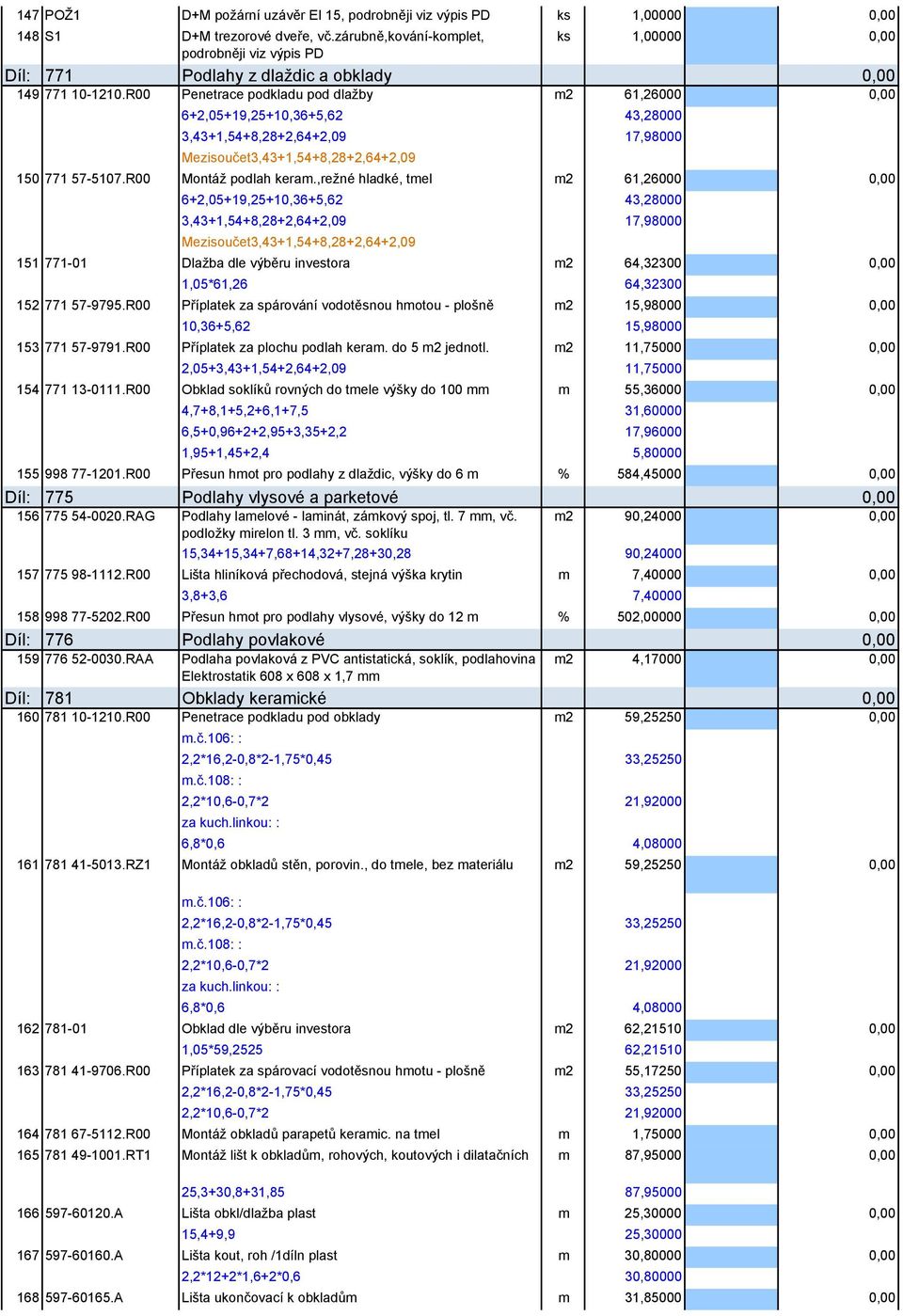 R00 Penetrace podkladu pod dlažby m2 61,26000 6+2,05+19,25+10,36+5,62 43,28000 3,43+1,54+8,28+2,64+2,09 17,98000 Mezisoučet3,43+1,54+8,28+2,64+2,09 150 771 57-5107.R00 Montáž podlah keram.