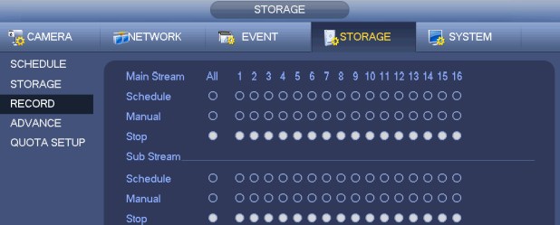 2.3.2 Manual Record (Ruční-pevné nahrávání) V hlavním menu volte Storage-> Record, kde naleznete 3 možnosti pro nahrávání: schedule(plánované) / manual (ruční-pevné) / stop