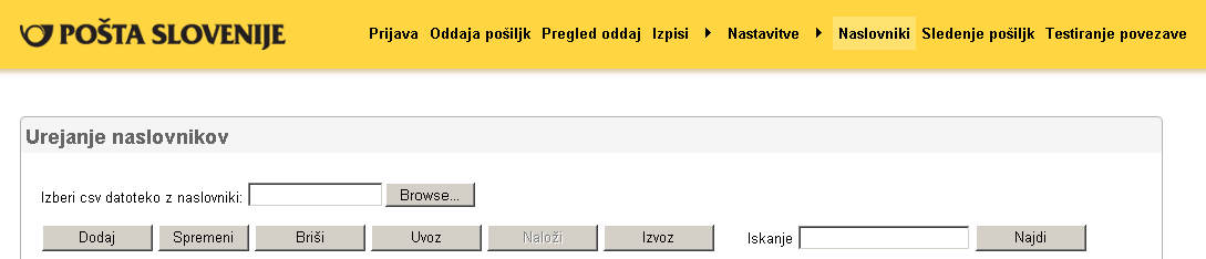 I. V oknu za sprejem pošiljk (zavihek oddaja pošiljk) se nov naslovnik doda tako, da se v polja za vnos naslovnika vnesejo ustrezni podatki, polje dodaj naslovnika na seznam se aktivira s kljukico.