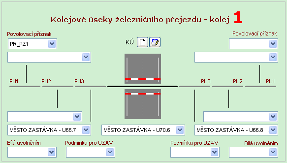 Kolejový úsek 1 n Nastavení pro každou kolej přejezdu je stejné, aktuální vybraná kolej je zvýrazněna červenou číslicí.