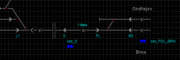 Další příklad nastavení pro správný přenos CV Zde se jedná o to, že kolejový úsek T-BMA je využíván jako úsek vjezdových i odjezdových cest najednou s přenosem CV na další prvek, Který je schopen CV