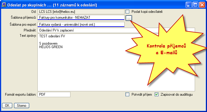 ) Komunikátor Odeslání po skupinách (standard) Pro účely zrychleného odesílání záznamů ve formátu PDF byla vytvořena nová základní operace Odeslat po skupinách.