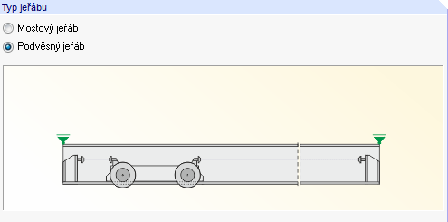 2 Vstupní údaje Typ jeřábu V programu CRANEWAY lze posoudit jak mostové tak podvěsné jeřáby. Požadovaný typ zvolíme pomocí přepínače v této sekci.