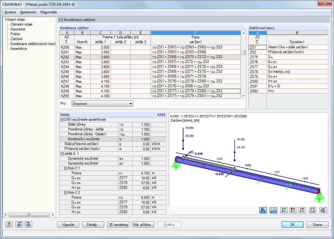 2 Vstupní údaje 2.5 Kombinace zatěžovacích stavů Dynamický dialog 1.5 Kombinace zatěžovacích stavů nám podává přehled o jednotlivých návrhových situacích se všemi zatíženími a kombinacemi zatížení.