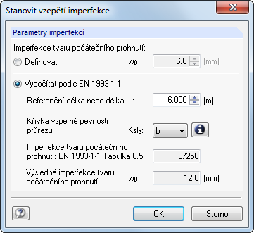 2 Vstupní údaje Parametry imperfekcí V této sekci se zadávají imperfekce pro všechny kombinace zatížení.