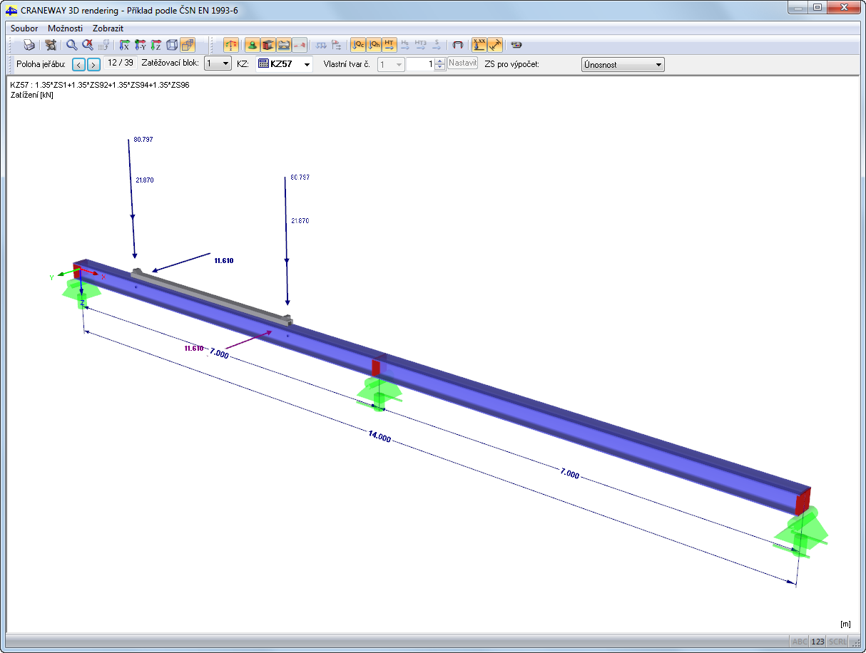 6 Obecné funkce 6.3 Grafika 6.3.1 Vstupní údaje Tlačítko [3D rendering] umožňuje graficky zkontrolovat vstupní údaje. Otevře se nové okno se znázorněním nosníku jeřábové dráhy. Obr. 6.5: Vizualizace nosníku jeřábové dráhy Grafické zobrazení znázorňuje model nosníku jeřábové dráhy se zatěžovacími bloky a polohami jeřábu a také působící síly.