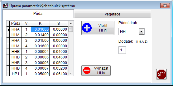 Okno úprava vlastností půd a vegetace Toto okno obsahuje dvě záložky. V záložce Půda uživatel může přidávat a editovat vlastní charakteristiky půd 7.