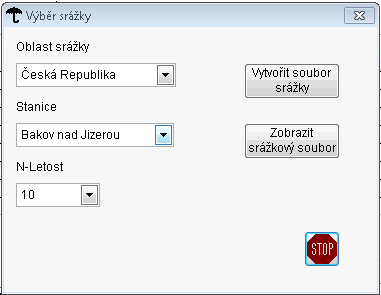 Výběr návrhové srážky V záložce reliéf uživatel nejprve volí délku simulace a následně vybírá po spuštění dialogového okna výběr srážky z databáze podle oblasti, stanice a doby opakování návrhovou